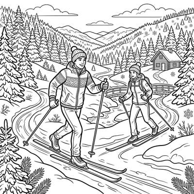 Immerse yourself in the tranquility and exhilaration of winter sports with this beautiful cross-country skiers coloring page. It's a perfect artistic escape, featuring dynamic figures amidst a picturesque snowy landscape ready for your creative touch.