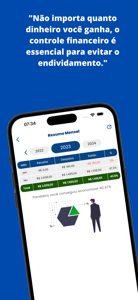 Monatliche Finanzzusammenfassungsanzeige mit Einkommens-, Ausgaben- und Saldo-Tabelle in einer persönlichen Finanz-App.