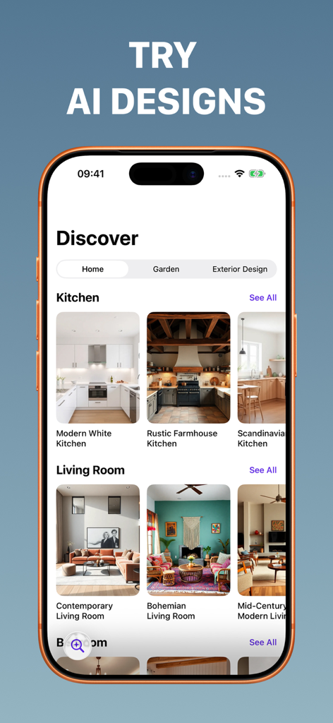 Home AI: Interior Design - キッチンとリビングルームのAI生成インテリアデザインスタイルを表示するHome AIアプリの発見画面