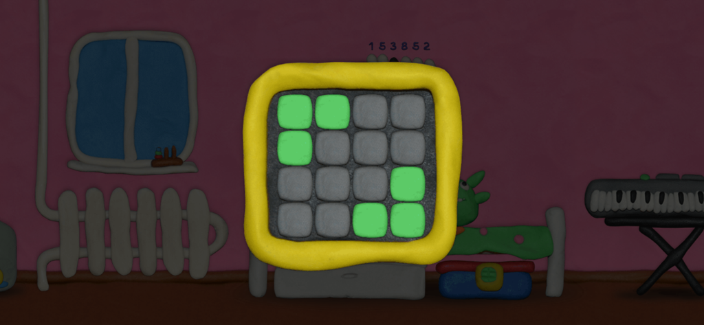 12 LOCKS - A plasticine grid puzzle with green and grey tiles inside a yellow clay frame