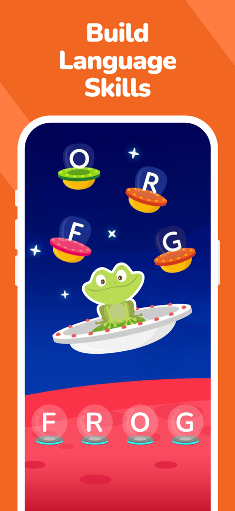 Kiddopia: Kids Learning Games - Juego de ortografía con temática espacial en la aplicación Kiddopia donde los niños aprenden a deletrear la palabra RANA (FROG) con una rana de dibujos animados en un platillo volador.