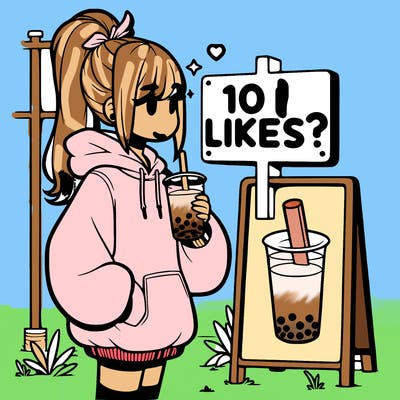 girl with oversized hoodie drinking boba and she has a high ponytail with a sign that says 10likes?