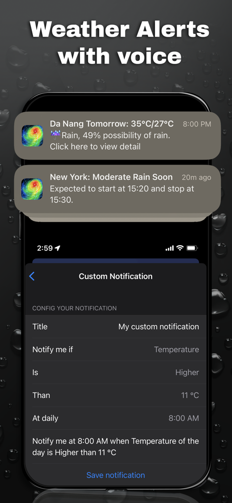 Interface for setting custom weather alerts and sample rain notifications in the SkyFlip app.
