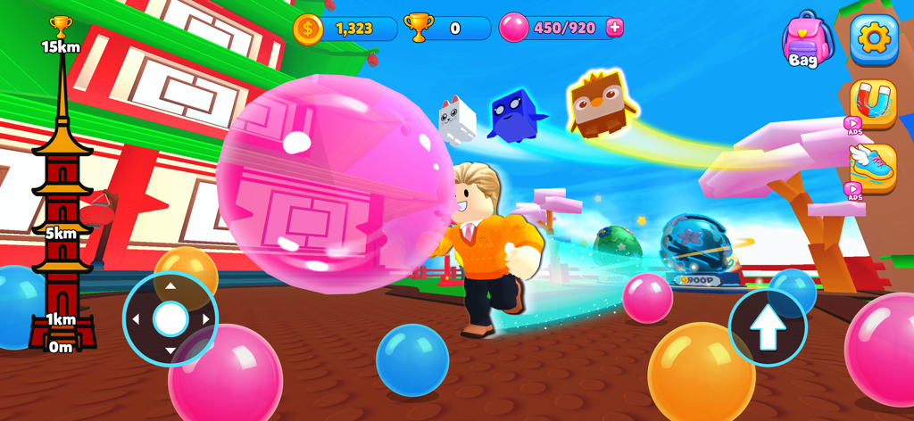 Get All Brainzot: Full Mod - Um personagem soprando uma grande bolha rosa enquanto corre por um mundo 3D colorido em Brainzot Full Mod.