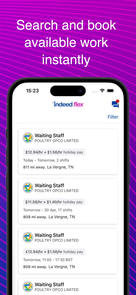 Indeed Flex app interface showing a list of available temporary hospitality jobs with hourly pay rates and locations