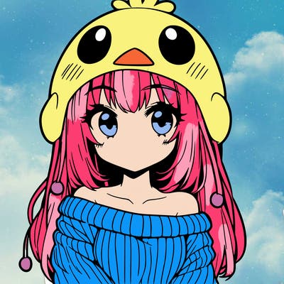 anime girl with chick shaped hat with sweater with bare shoulders with bangs covering them one eye with low tail