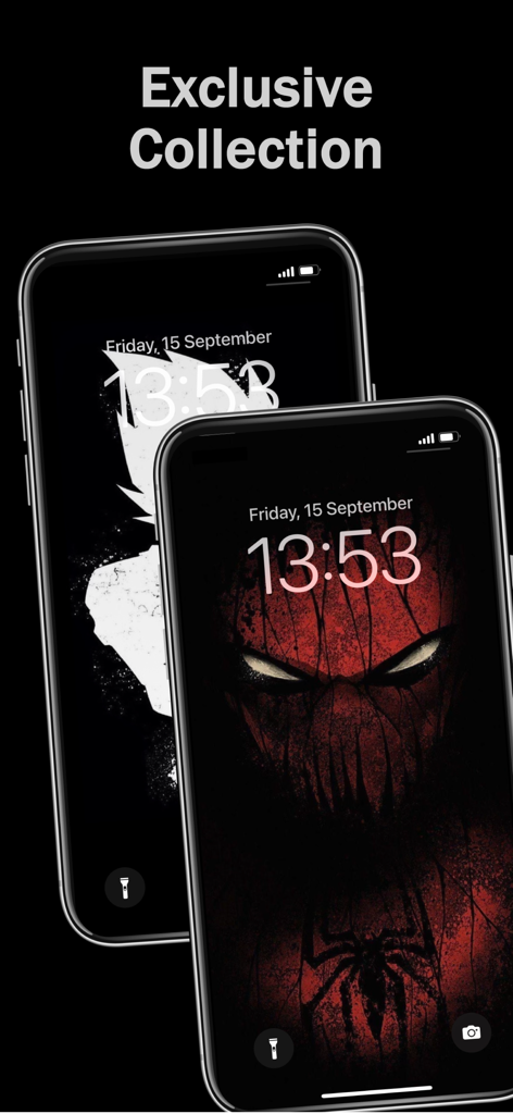 Black Wallpaper Dark Sad 4K - Two iPhones showing dark anime and superhero wallpapers from an exclusive collection.