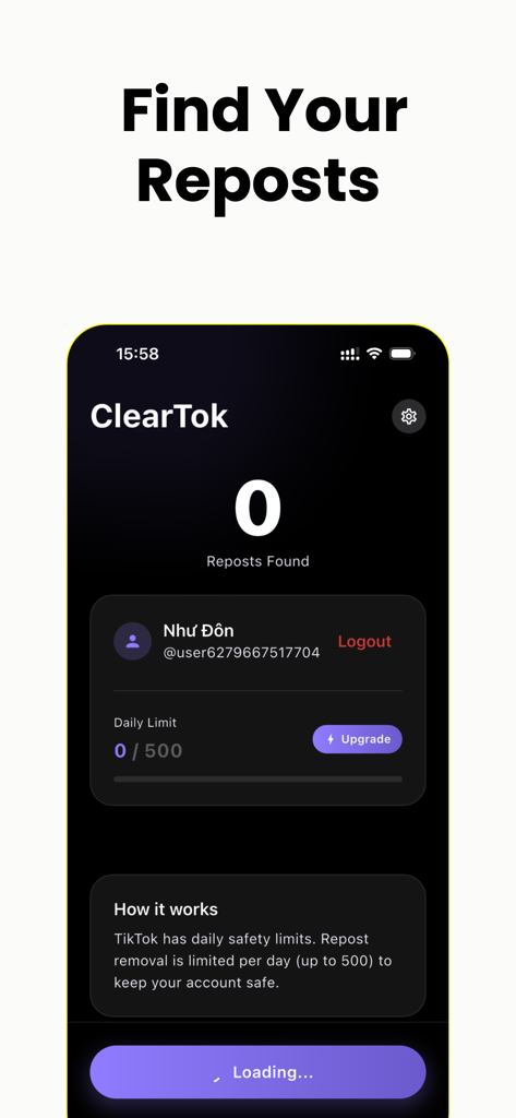 Dashboard dell'app ClearTok che visualizza il conteggio delle ripubblicazioni e i limiti di rimozione giornalieri.