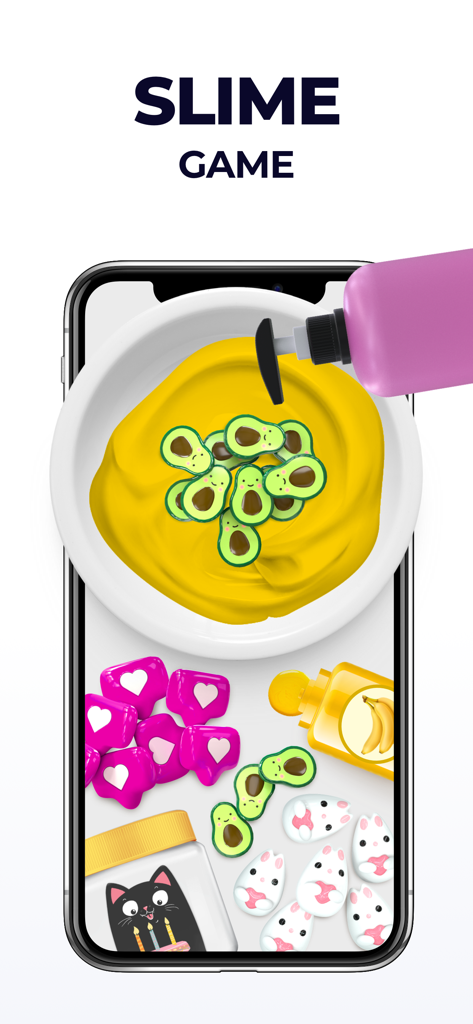 A smartphone screen showing an interactive DIY slime maker with yellow slime and avocado charms