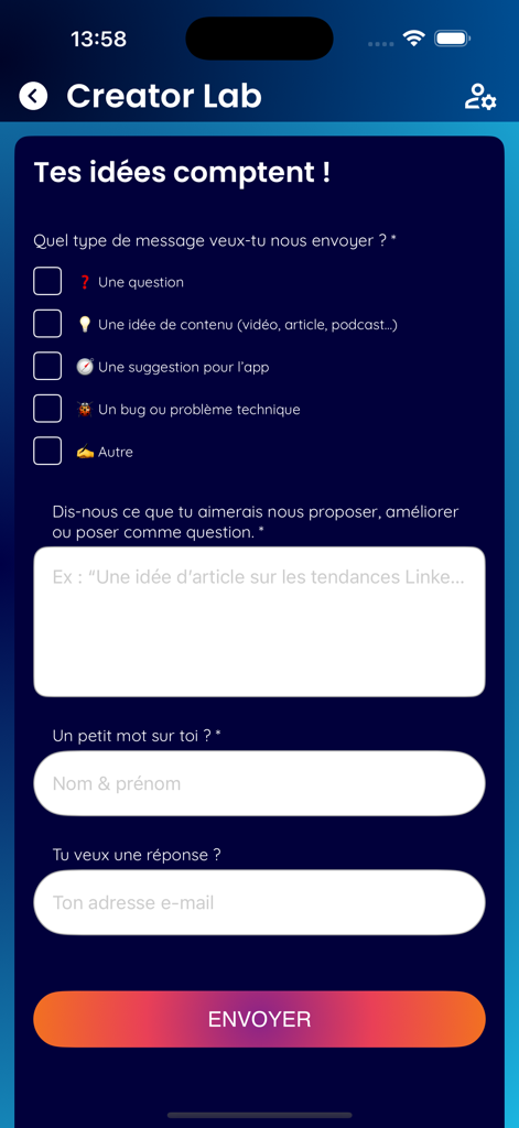 Creator Lab – IA et cours - Benutzerfeedback- und Vorschlagsformular in der Creator Lab Mobile App