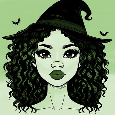 realistic black girl with wavy hair and witch hat and nose and lips