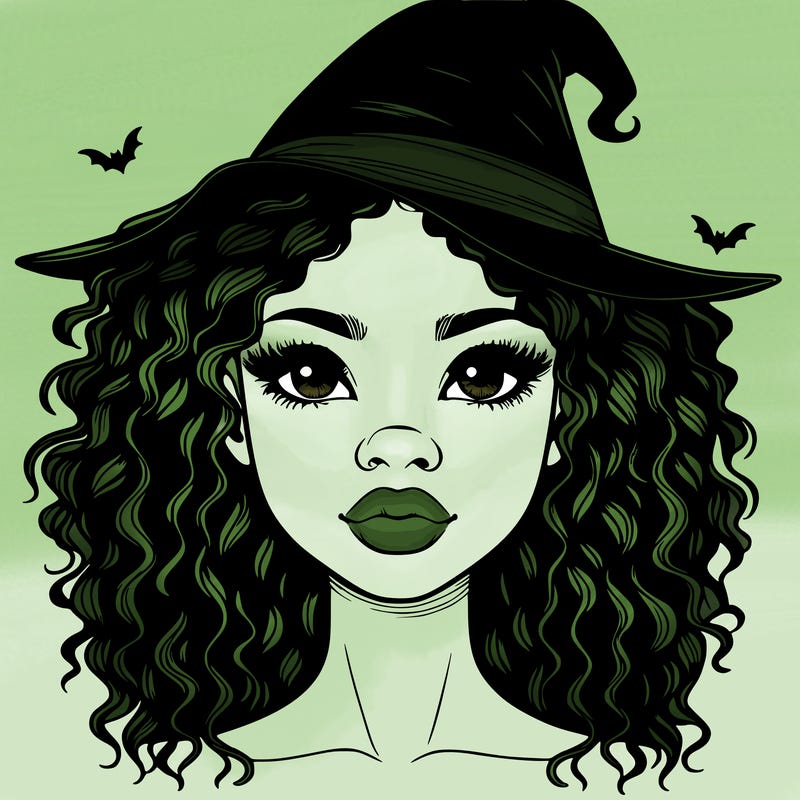 realistic black girl with wavy hair and witch hat and nose and lips