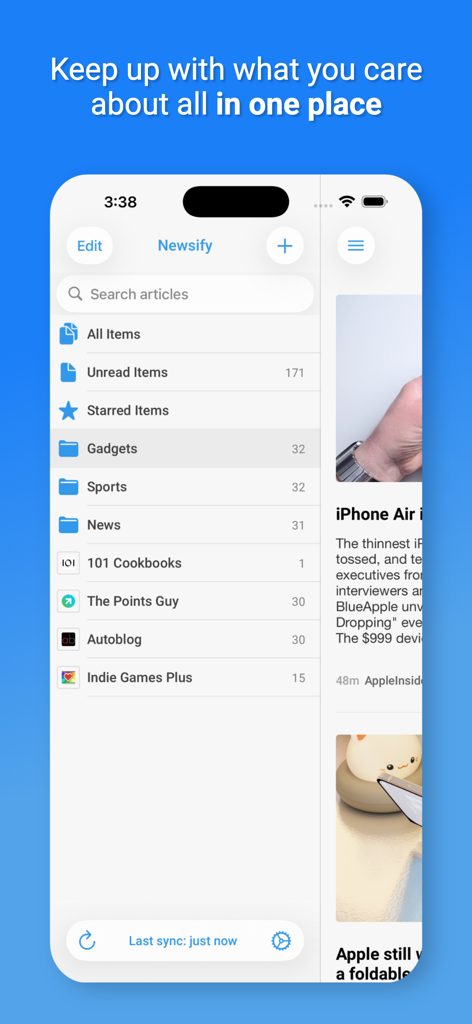 Newsify: RSS Reader - Newsify RSS reader app interface showing a list of news categories and unread articles in a clean menu layout.