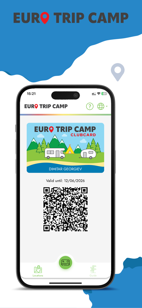 Euro Trip Camp - キャンプ場の割引のためのQRコードを表示するユーロトリップキャンプアプリのデジタルクラブカード画面