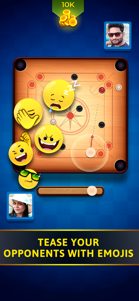 Carrom 3D SuperStar - Partida de carrom en línea con avatares de jugadores y emojis interactivos para provocar a los oponentes.