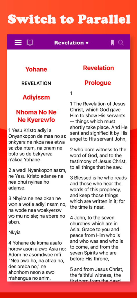 Twi Bible - Akuapem & Audio - Screenshot of the Twi Bible app showing a side by side parallel view of the Akuapem Twi and English text for the book of Revelation