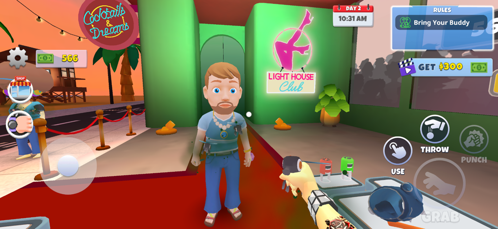 First person view of a security guard managing the entrance of a neon lit nightclub