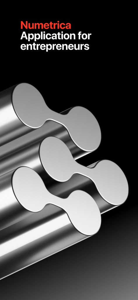 Numetrica - Introductory screen for Numetrica business application for entrepreneurs with sleek metallic graphics