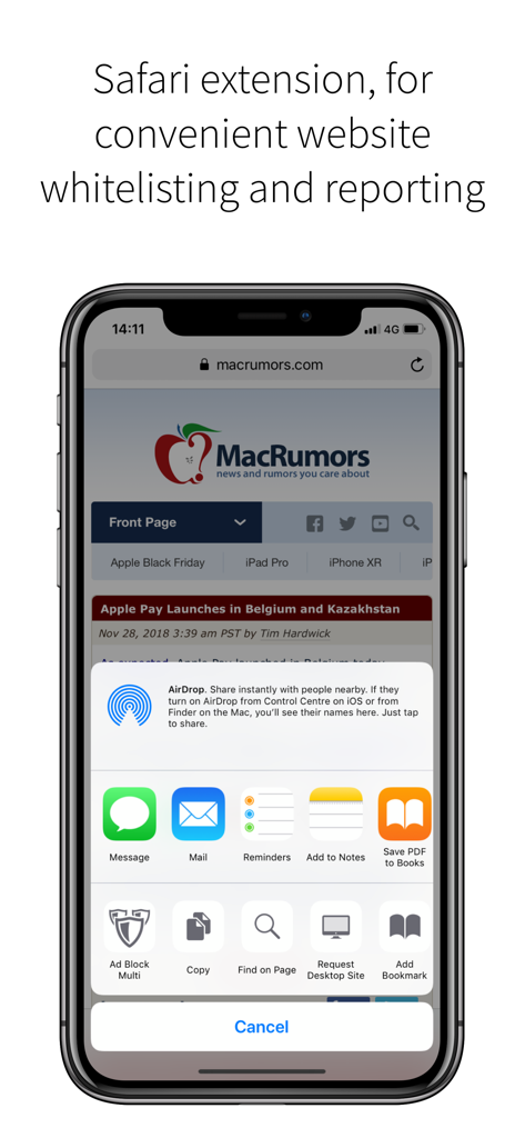 Ad Block Multi extension integrated in the iOS Safari share sheet for whitelisting and reporting websites