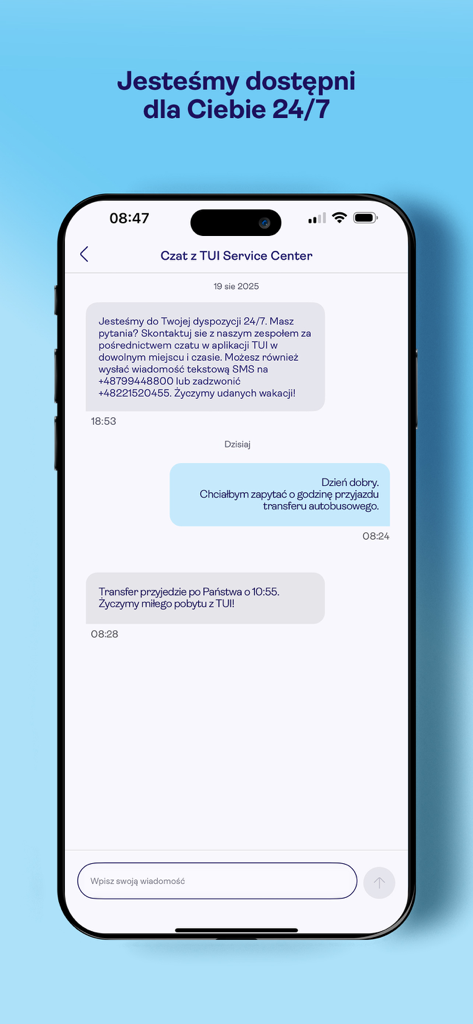 TUI app chat interface showing 24/7 customer service support