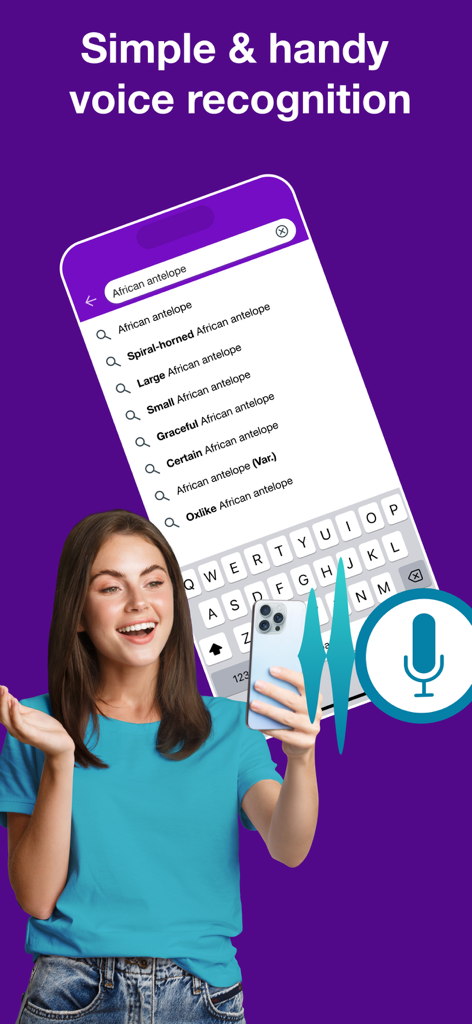 Crossword Solver Plus - A woman using the voice search feature in the Crossword Solver Plus app to find clues.