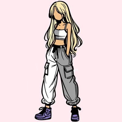 girl in baggy pants crop top and long hair