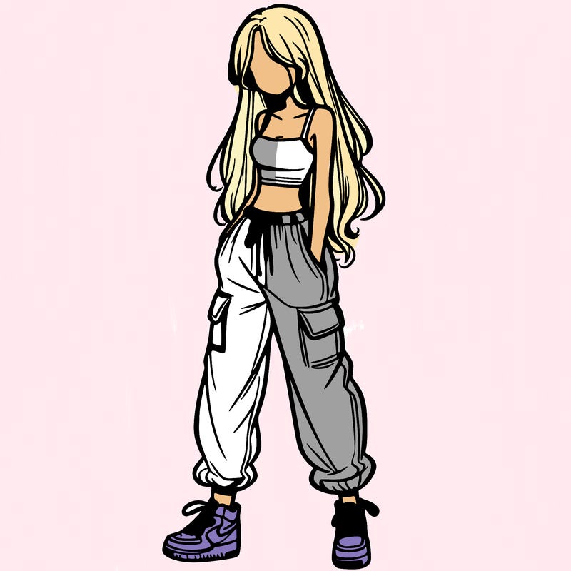 girl in baggy pants crop top and long hair