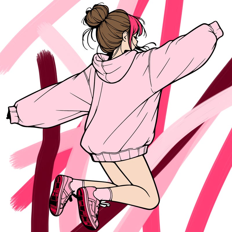realistic girl jumping with a bun and oversized sweatshirt