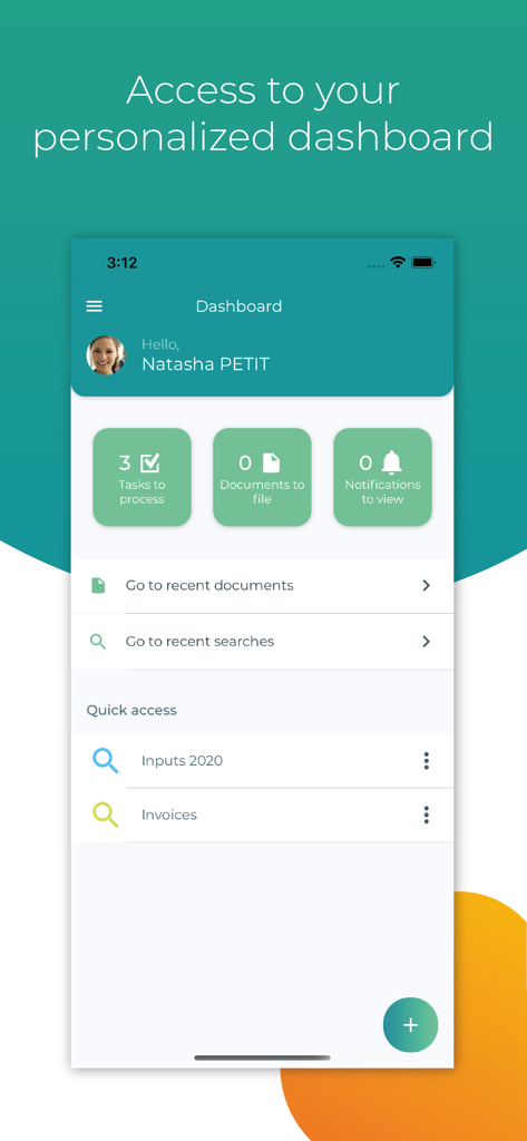 Open Bee Mobile - Open Bee Mobile personalized dashboard interface showing tasks to process and document quick access links on a smartphone