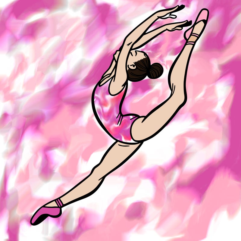 gymnast doing a leap in a leotard with a bent back leg