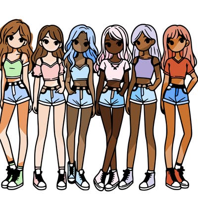 a group of girls wearing crop tops and shorts