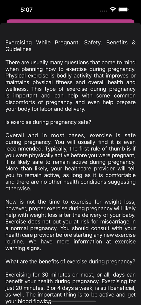 Pregnancy tracker & calculator - Educational screen showing safety guidelines and benefits for exercising while pregnant