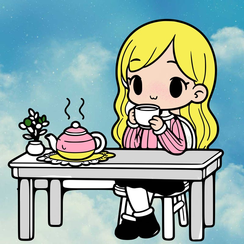 a girl drinking tea at a table with a teapot on the table