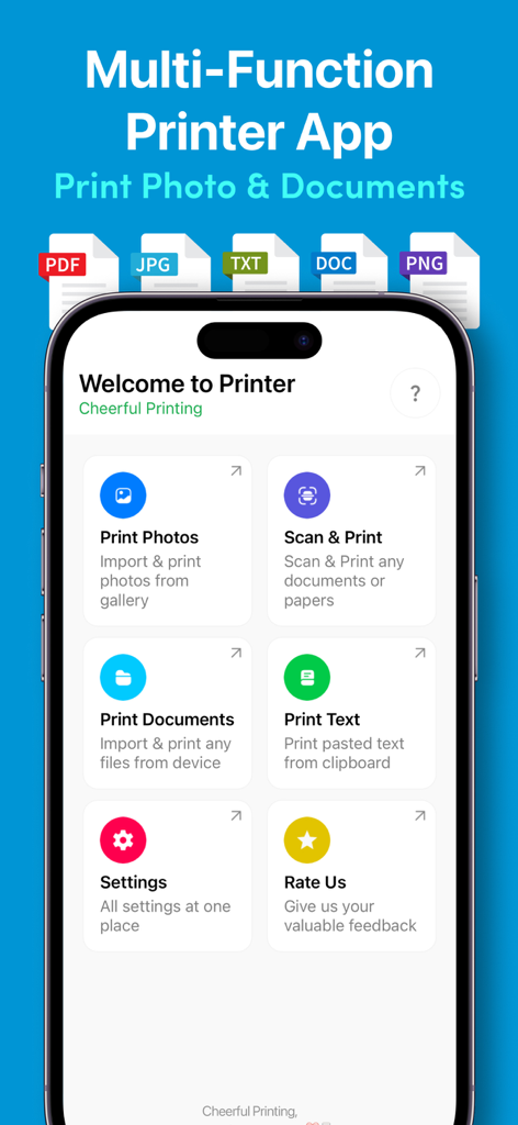 Air Print: Smart Printer App • - Air Print Smart Printerアプリのホーム画面。写真の印刷、ドキュメントのスキャン、テキストの印刷オプションが表示されています。