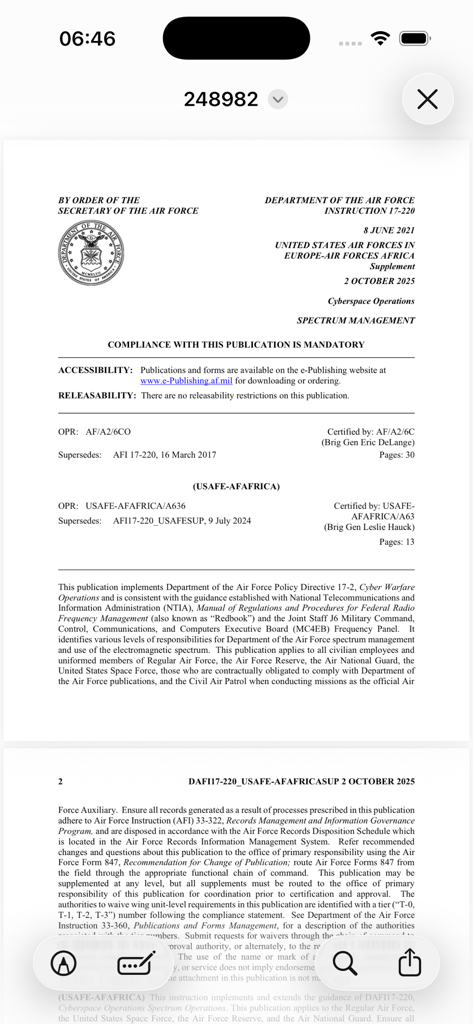 A mobile screen showing an official Air Force Instruction document about Spectrum Management within the AFI Explorer app.