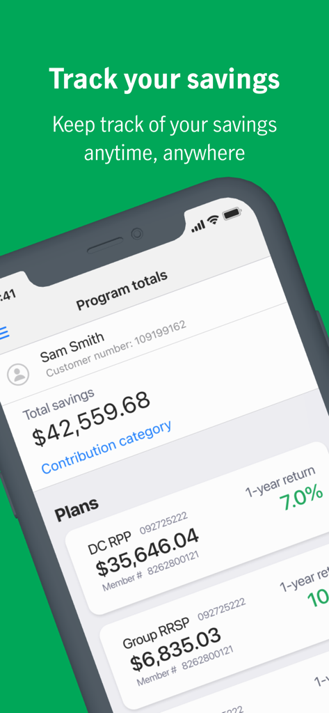 Manulife Mobile app screen showing total retirement savings balances and plan returns