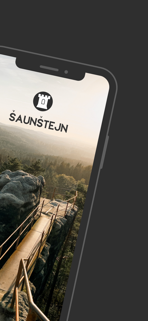 Mobile app screen showing a scenic panoramic view from Saunstejn rock castle