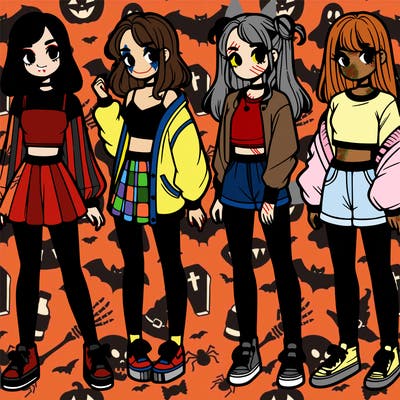 one girl with crop-top shirt and a jacket with a skirt, long socks and another girl with a shirt and pants with a jacket
