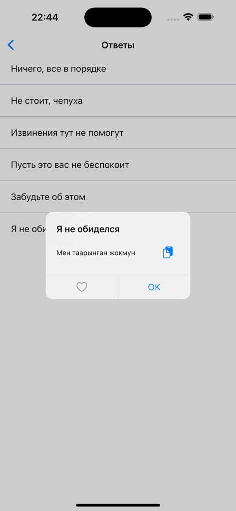 Screenshot of the Russian-Kyrgyz phrasebook app displaying a translation for a common phrase in a popup window