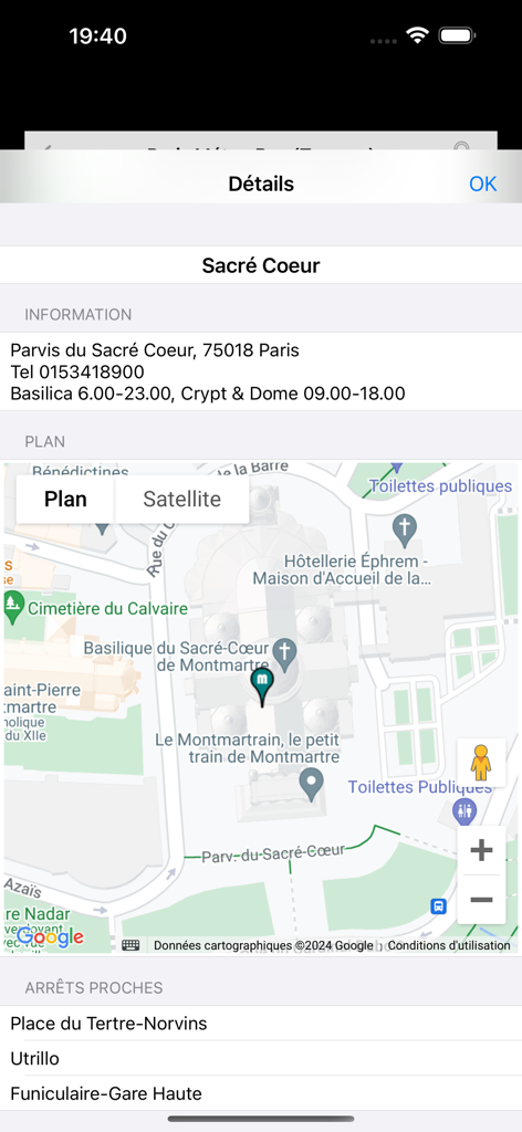 Pantalla de la app MetrO con mapa y detalles de ubicación del Sacre Coeur en París.