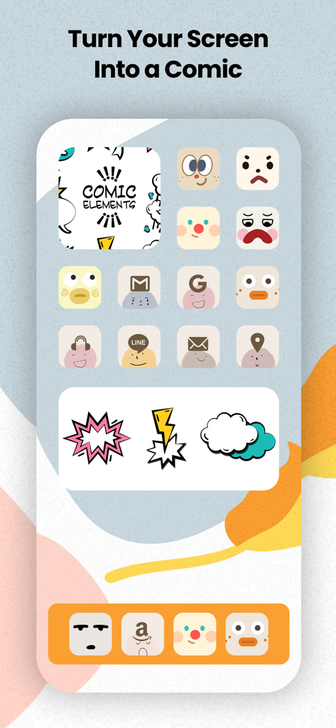 Customized iPhone home screen with comic book style icons and widgets