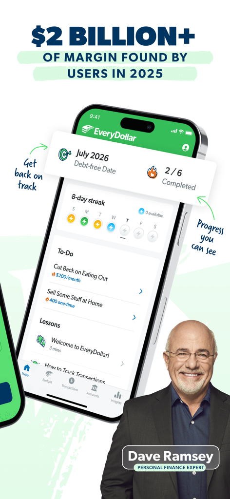 Interfaz de la aplicación móvil EveryDollar que muestra objetivos financieros y progreso con Dave Ramsey