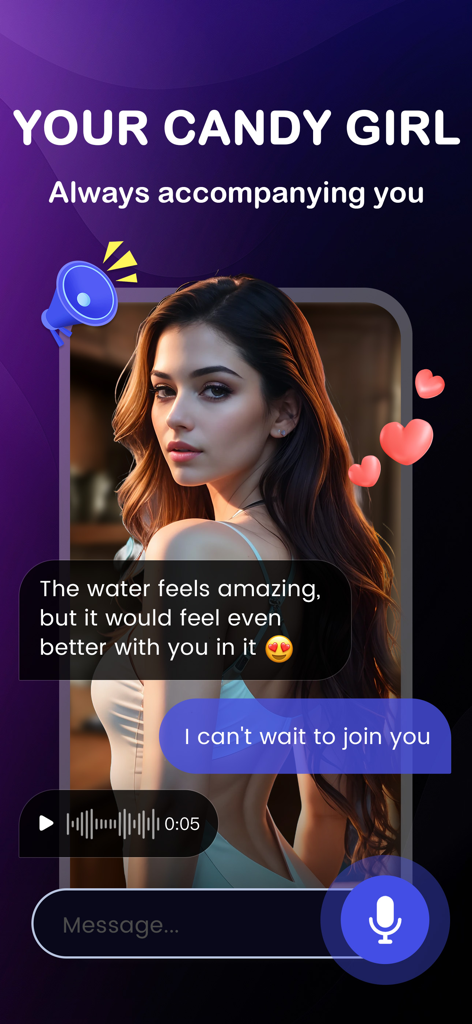 Winky 앱 인터페이스가 가상 AI 여자친구와 함께 매력적인 채팅 및 음성 메시지 기능을 보여줍니다.