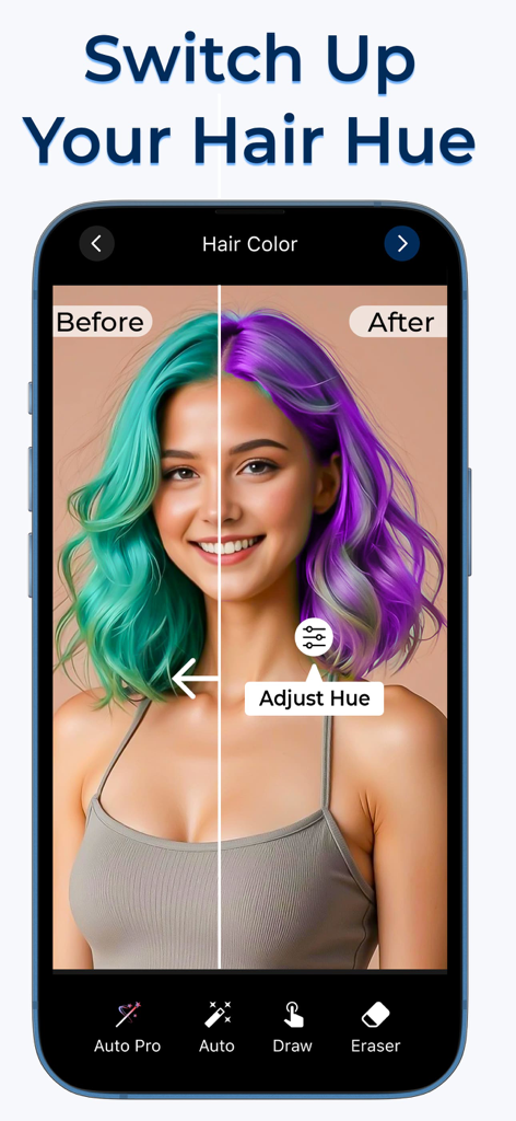 Hair Color Changer-Makeup Tool - Before and after comparison of virtual hair color change using AI makeup tool