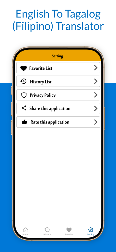 English To Tagalog Translation - Settings screen of the English to Tagalog Translation app showing options for favorite list history and privacy policy