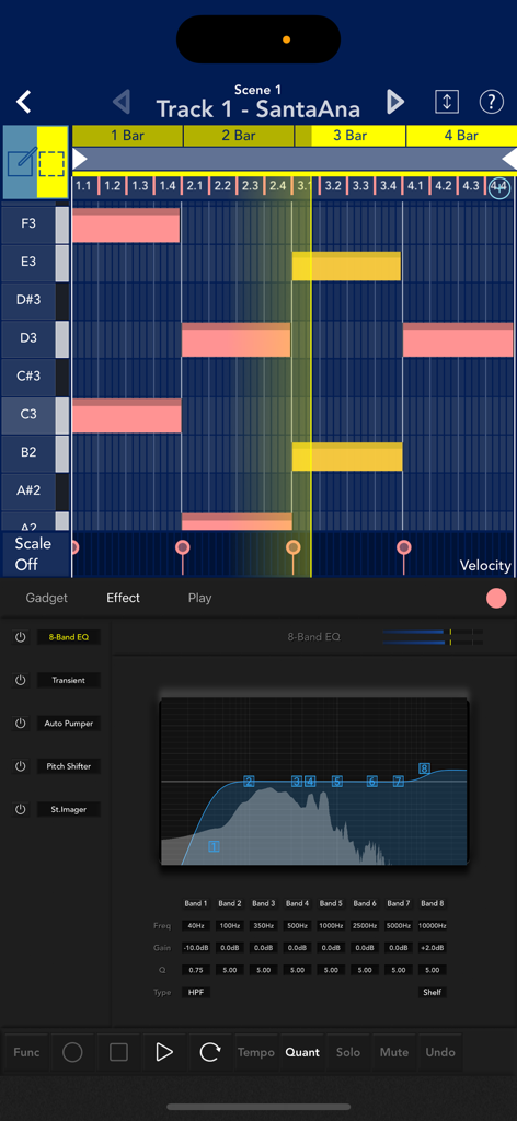KORG Gadget 3 - Interfaccia di KORG Gadget 3 con un editor piano roll MIDI e un visualizzatore EQ a 8 bande.