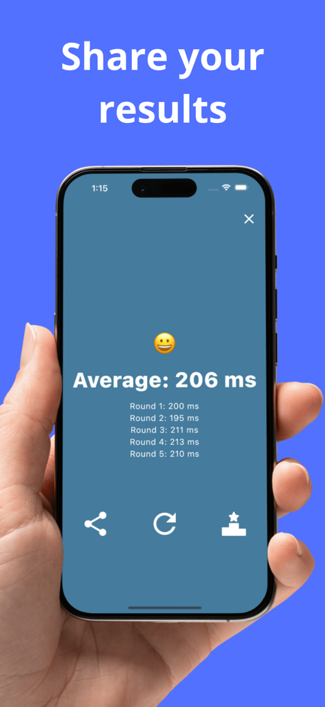 Eine Hand hält ein Smartphone, das den Ergebnisbildschirm der RTap-App mit einer durchschnittlichen Reaktionszeit von 206 Millisekunden anzeigt.