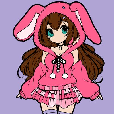 pretty anime girl wearing a fluffy hoodie with bunny ears on the hood and a skirt