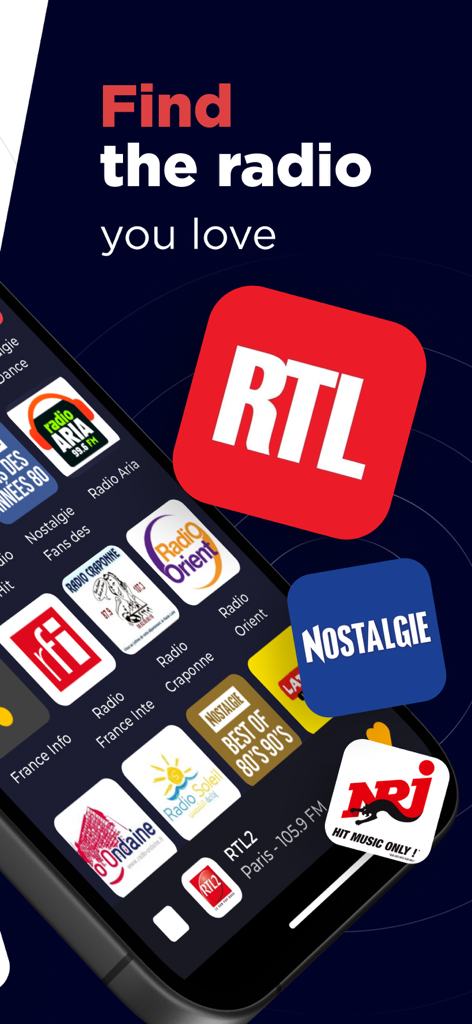 Radio France FM Live Online - フランスのラジオ局のロゴと「お気に入りのラジオを見つける」というテキストを表示するスマートフォンの画面