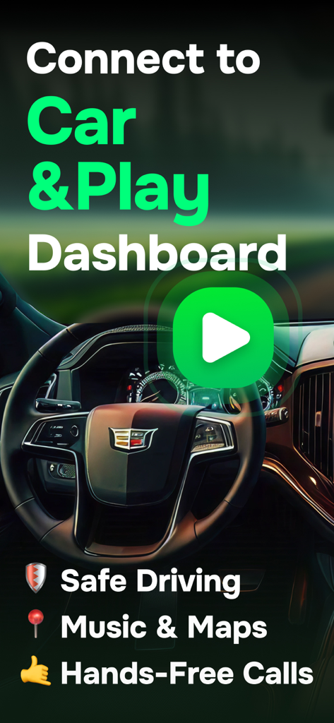 Car Play Connect: Auto Sync - Interface de tableau de bord de voiture affichant des fonctionnalités pour la conduite, la musique, les cartes et les appels mains libres en toute sécurité